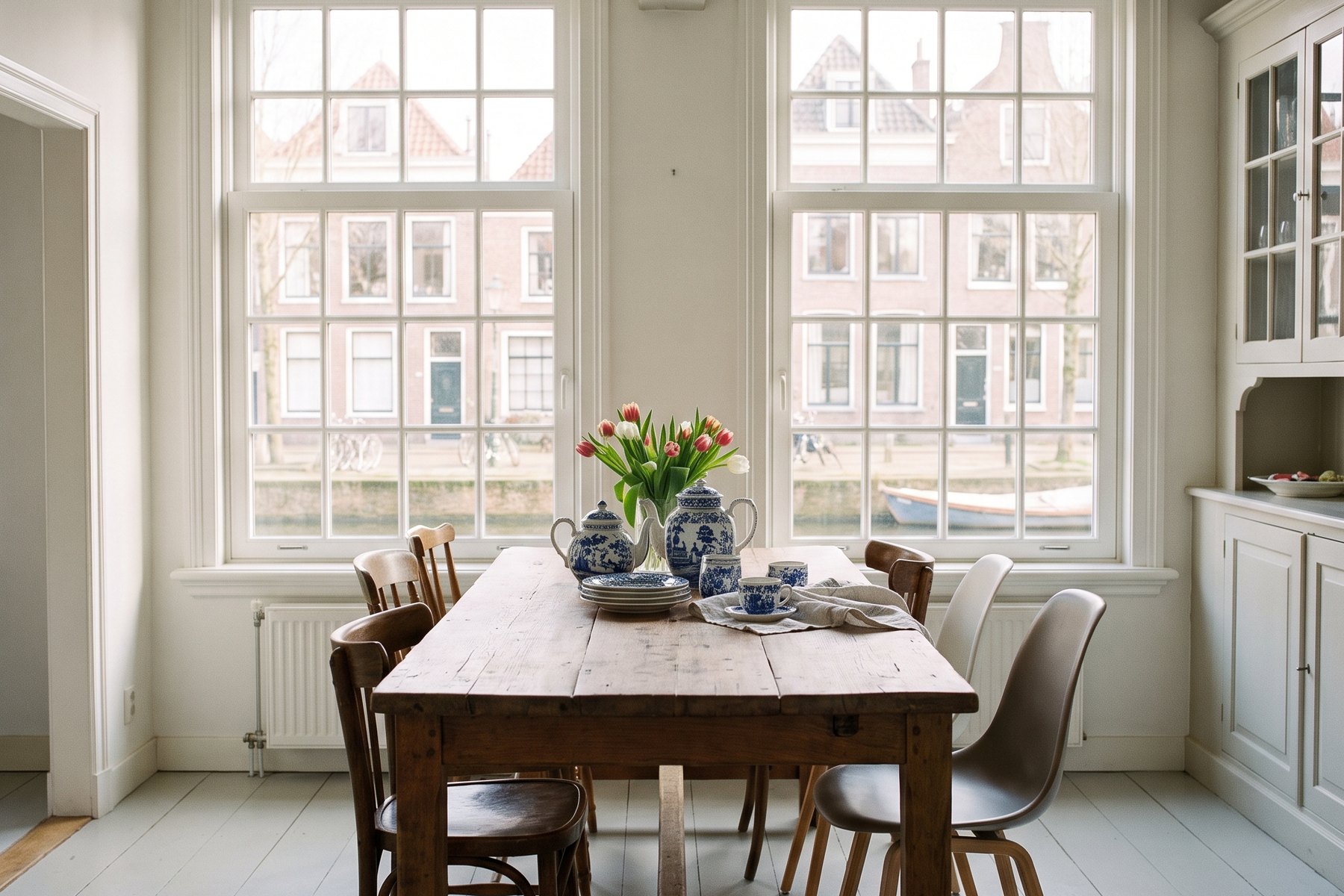 Lichte eetkamer met nieuwe witte kunststof kozijnen
