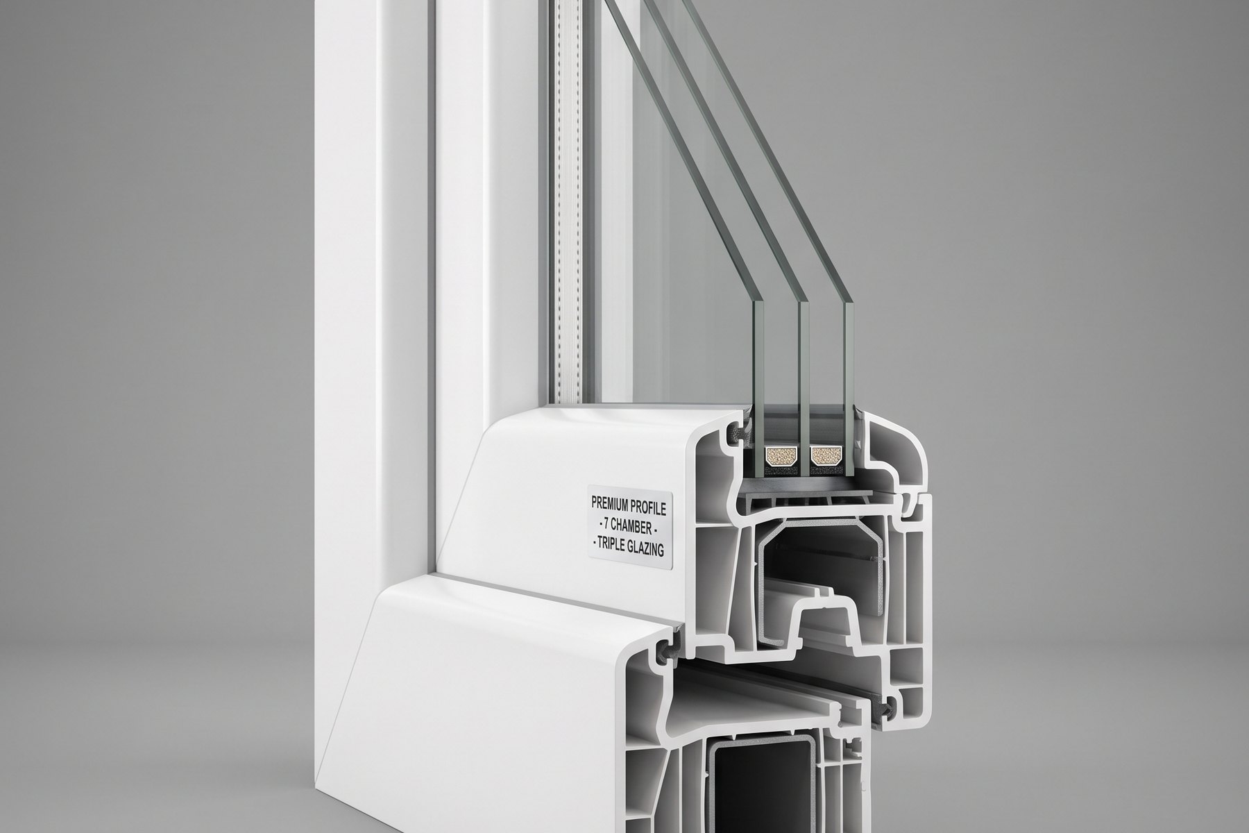 Doorsnede van een zevenkamerprofiel met triple glas
