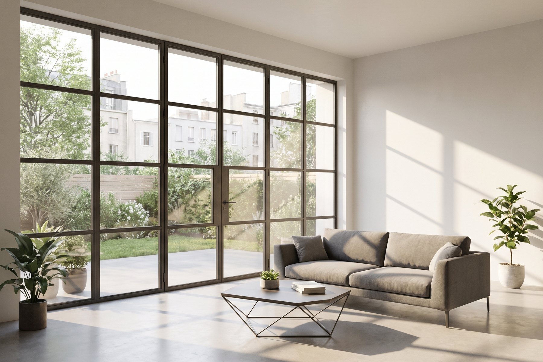 Modern interieur met hoge donkere kozijnen tot de vloer