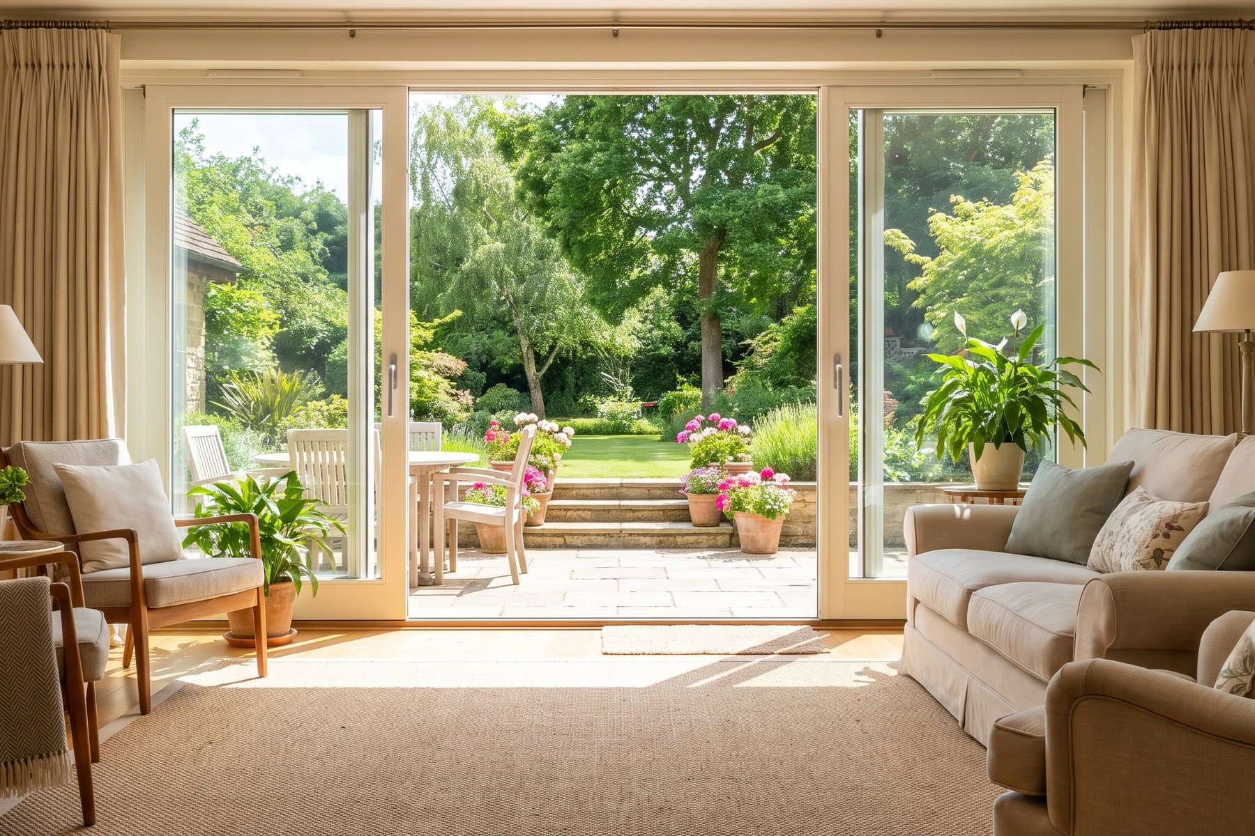 Open schuifpui met zicht op terras en tuin