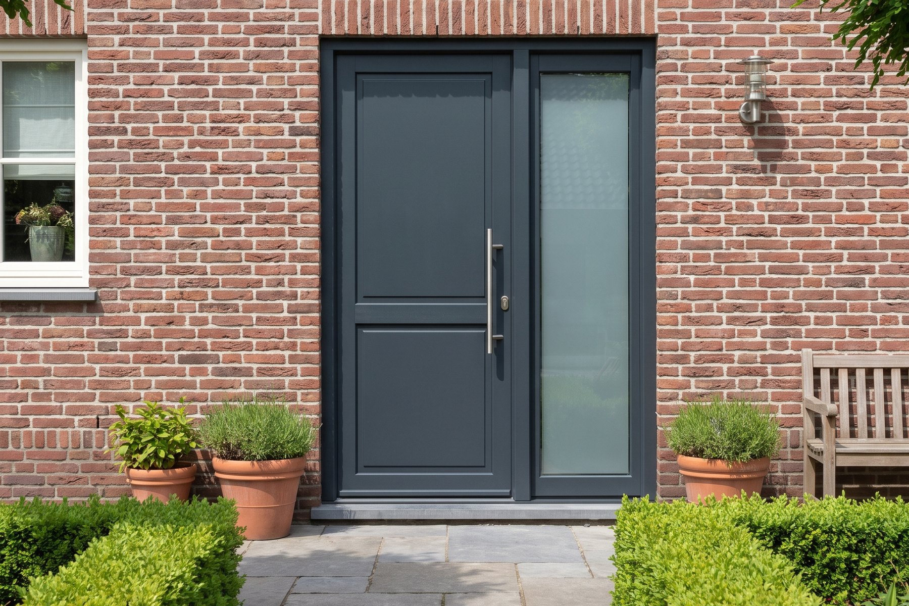 Entree met antracietkleurige voordeur en bijpassend zijlicht