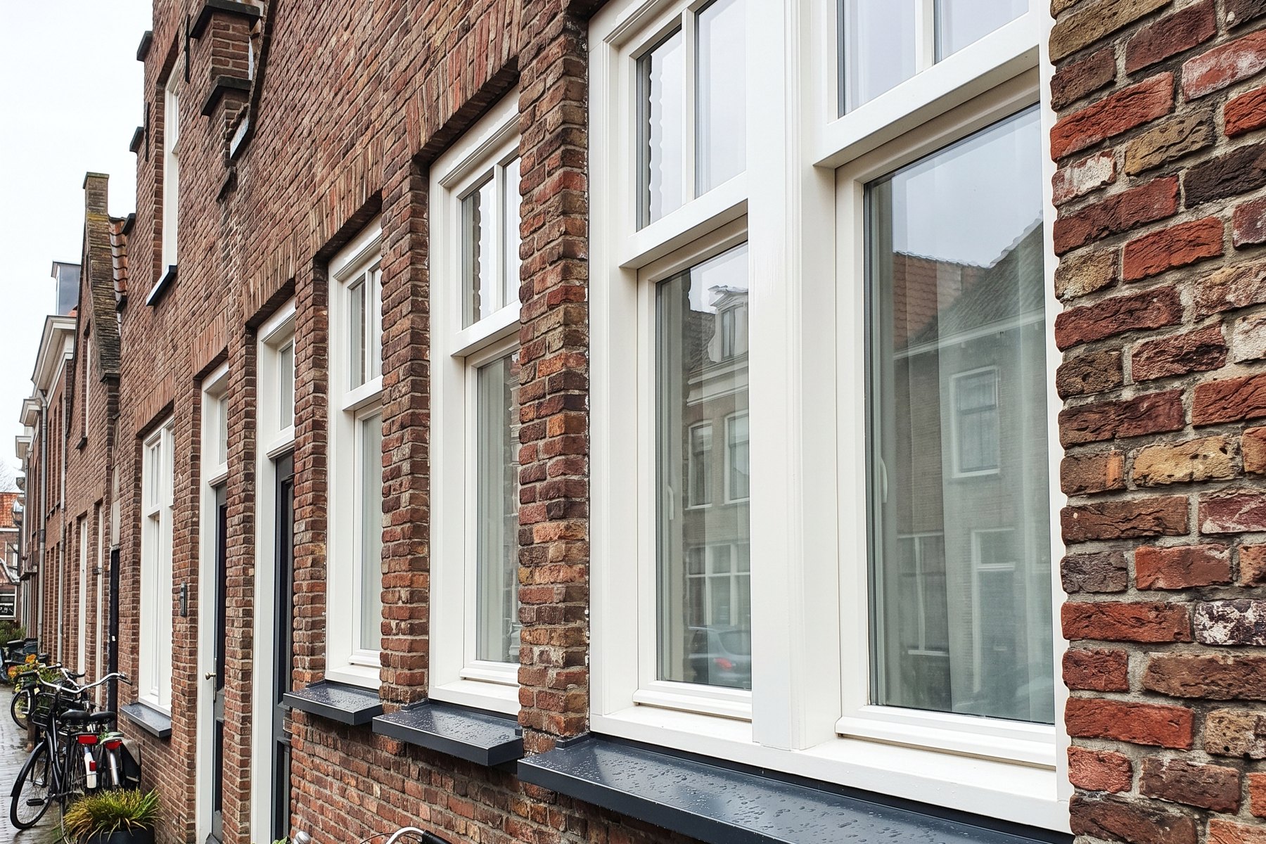 Rij aluminium waterslagen onder witte kozijnen