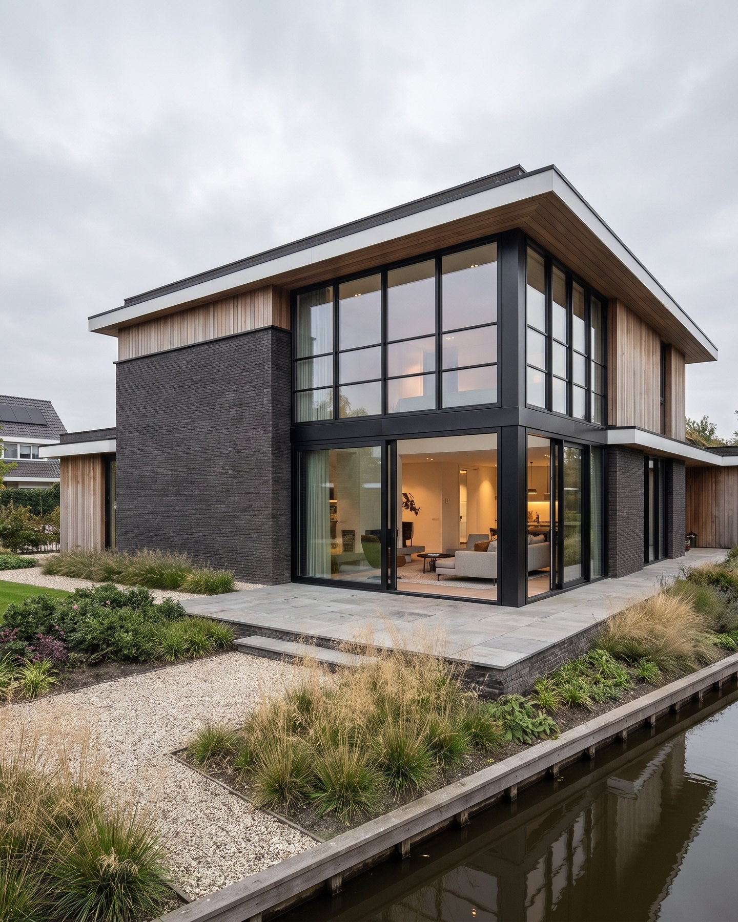 Moderne woning met grote donkere kozijnen