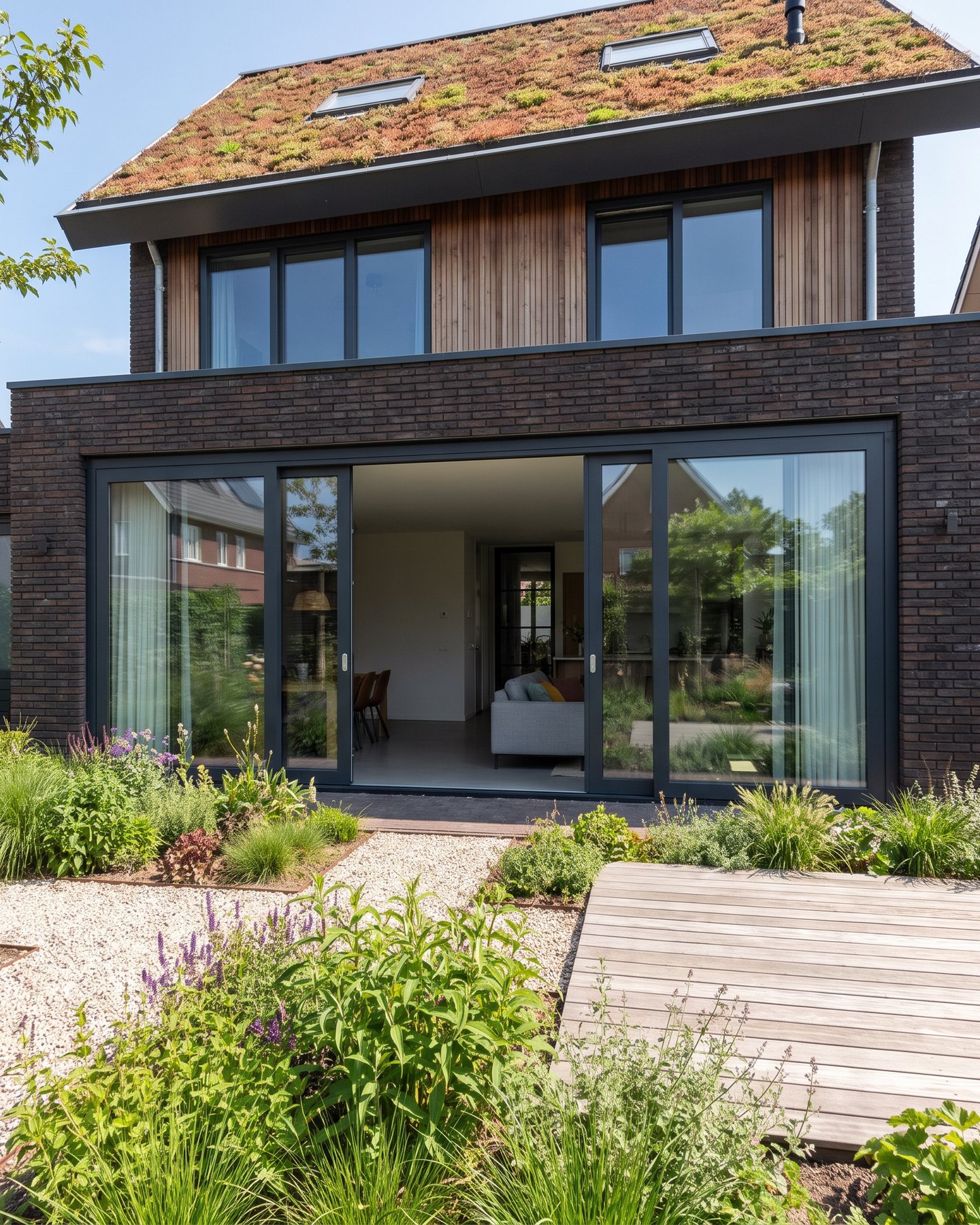 Moderne achtergevel met een brede donkere schuifpui en zicht op de tuin