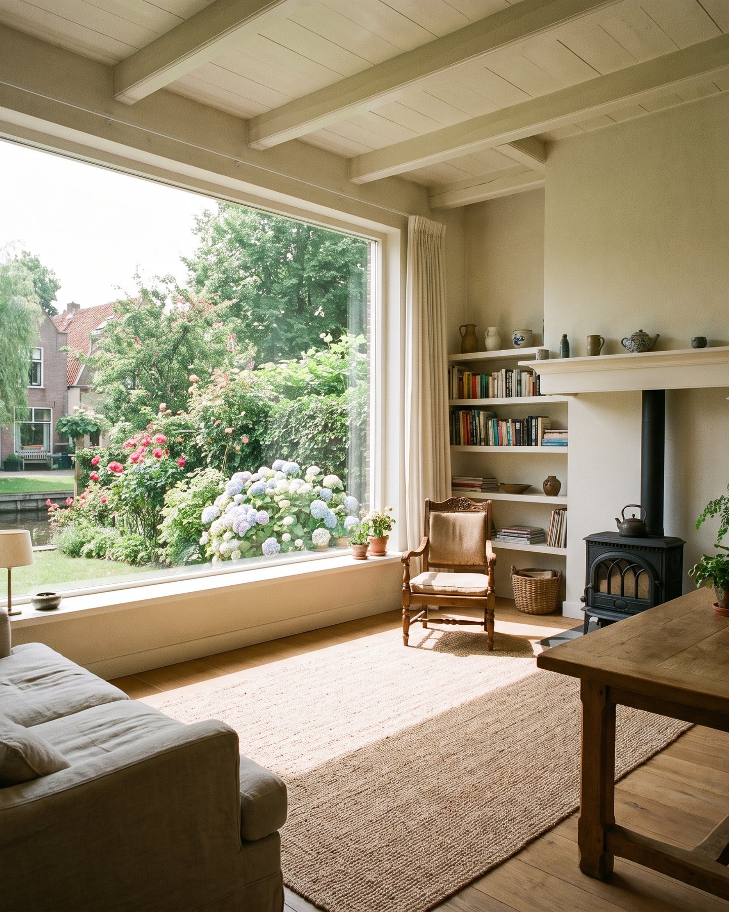 Lichte woonkamer met een groot vast raam en uitzicht op de tuin