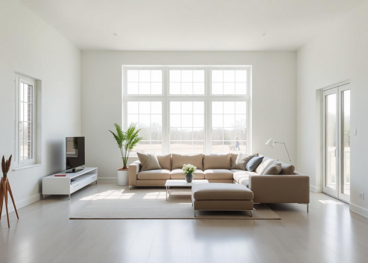 Lichte woonkamer met een groot vast raam