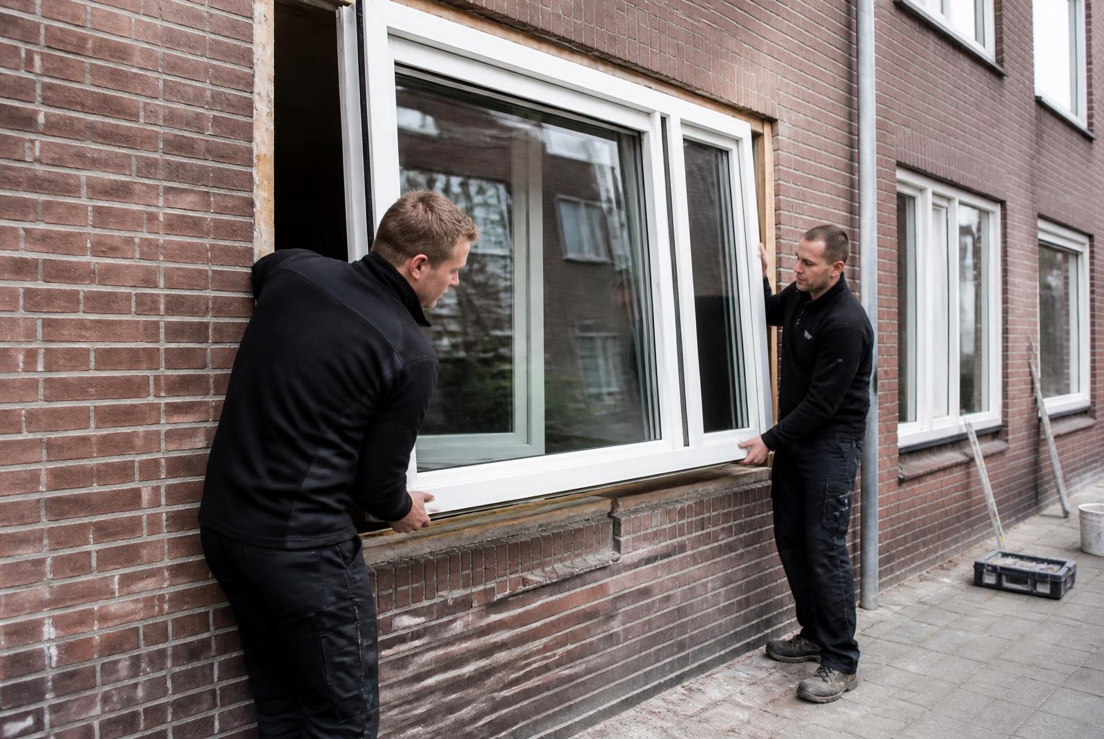 Twee monteurs zetten een kunststof kozijn in een gevelopening