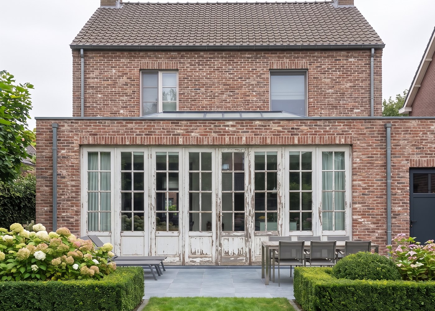 Achtergevel met oude houten tuindeuren met kleine ruitjes en afbladderende verf